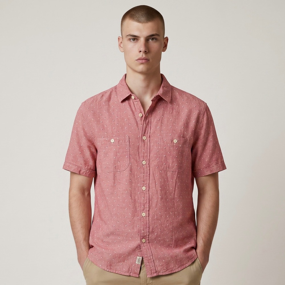 Faherty Island Work Shirt Mens Medium Red Pink Native Micro Linen Blend Casual